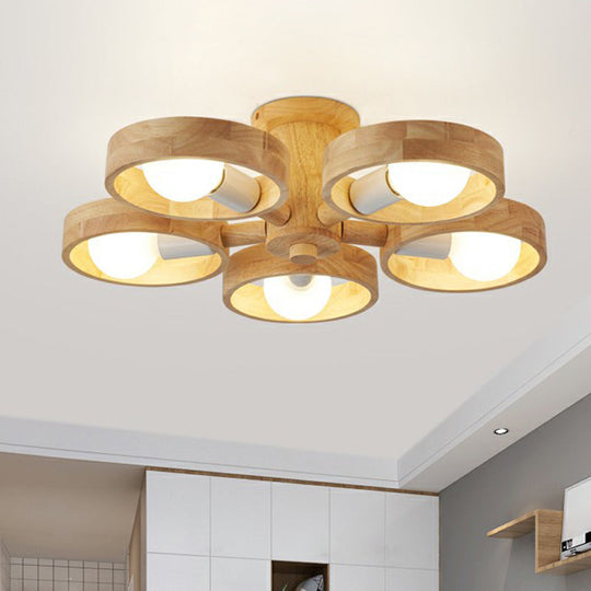 Sleek Ring Shaped Wooden Ceiling Light for Bedroom - Semi Flush Chandelier