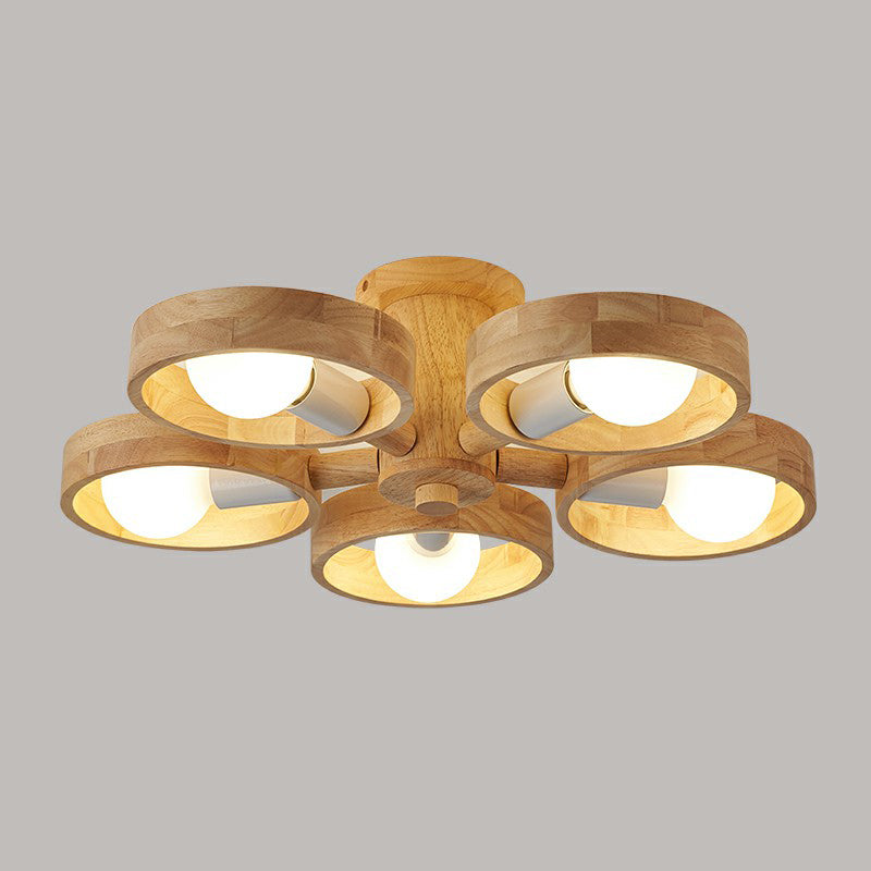 Sleek Ring Shaped Wooden Ceiling Light for Bedroom - Semi Flush Chandelier