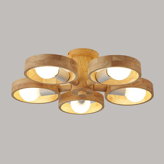 Sleek Ring Shaped Wooden Ceiling Light for Bedroom - Semi Flush Chandelier