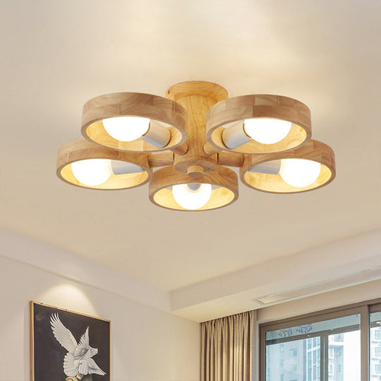 Sleek Ring Shaped Wooden Ceiling Light for Bedroom - Semi Flush Chandelier