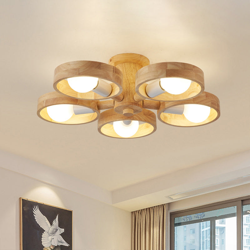 Sleek Ring Shaped Wooden Ceiling Light For Bedroom - Semi Flush Chandelier