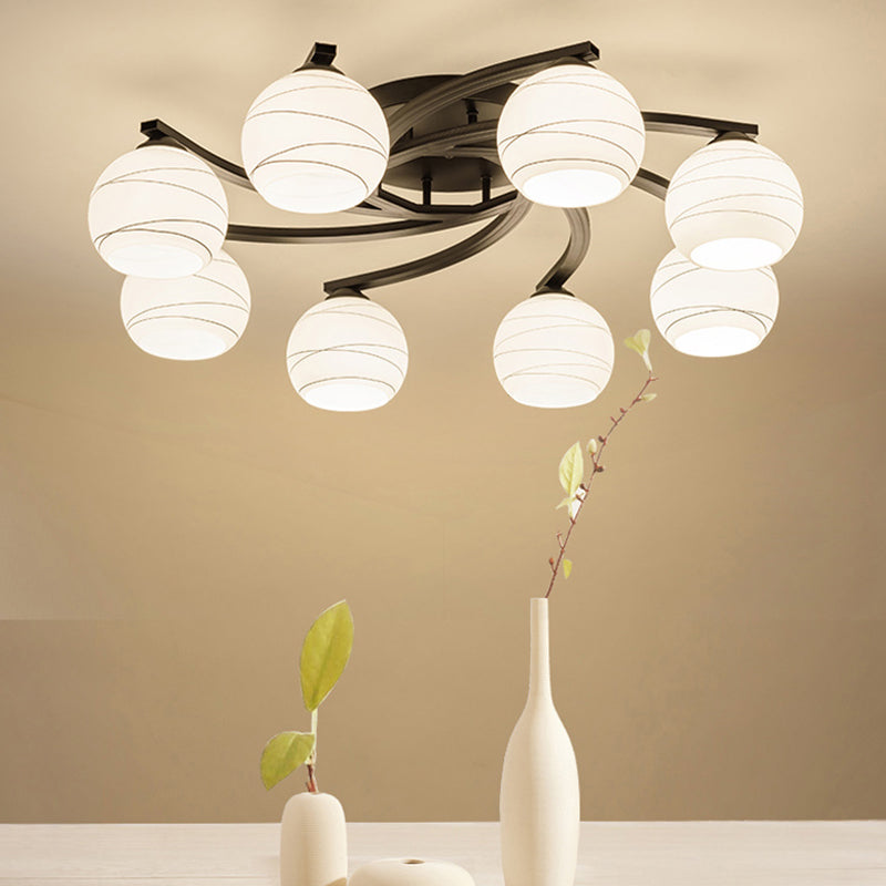 Sleek Black Semi Flush Ceiling Light With Spherical White Glass - Ideal For Corridors