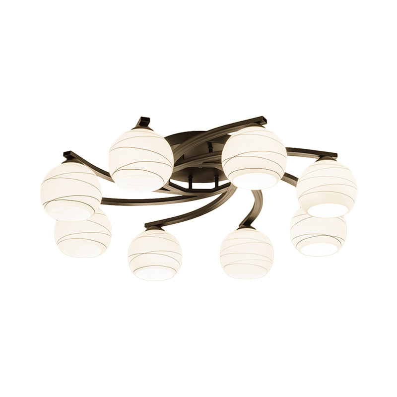 Traditional Ceiling Mount Light: Black Semi Flush with White Glass - Ideal for Corridor (3/5/8 Lights)