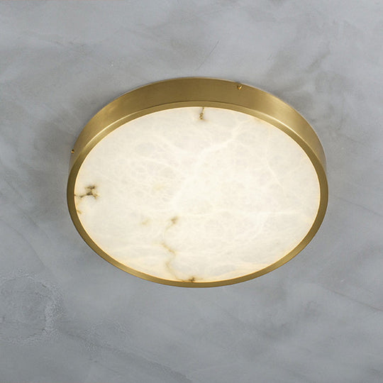 Modern Round Led Flush Mount Ceiling Light With Marble Accents - Brass Finish