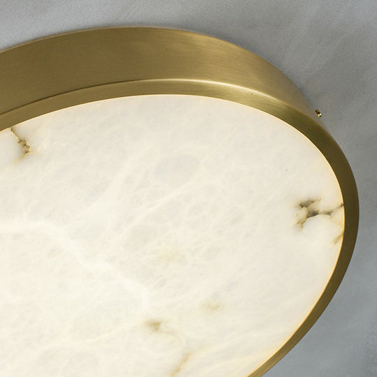 Modern Round Led Flush Mount Ceiling Light With Marble Accents - Brass Finish