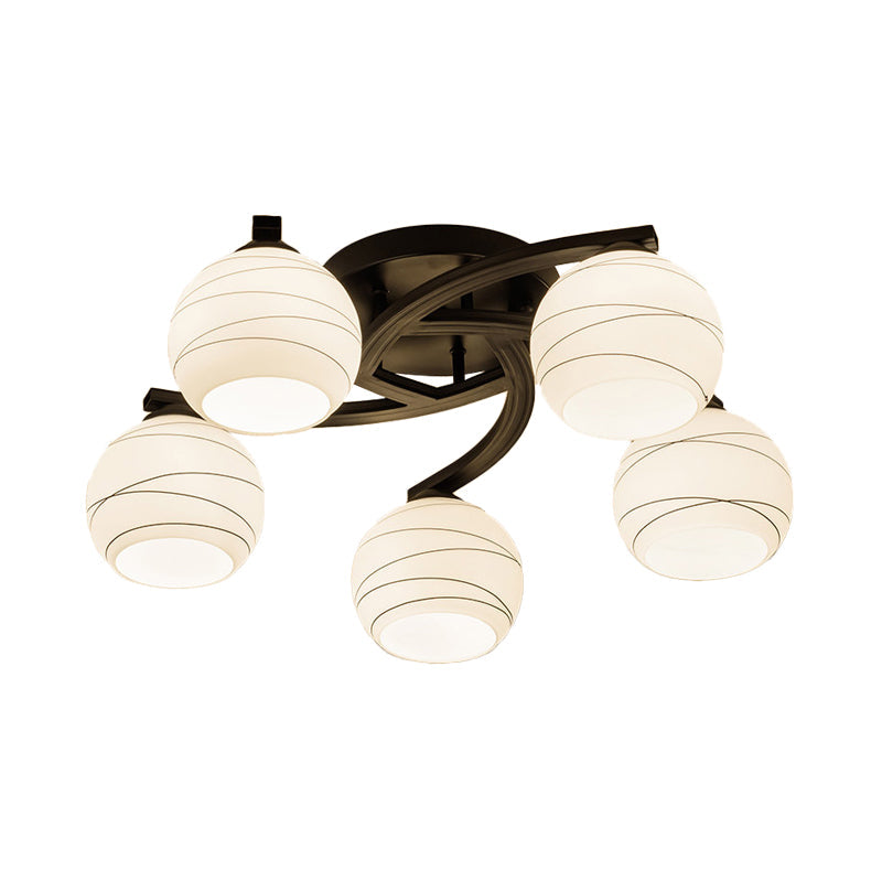 Traditional Ceiling Mount Light: Black Semi Flush with White Glass - Ideal for Corridor (3/5/8 Lights)