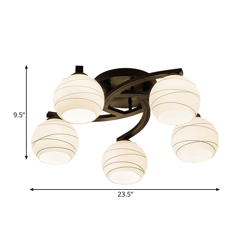 Traditional Ceiling Mount Light: Black Semi Flush with White Glass - Ideal for Corridor (3/5/8 Lights)