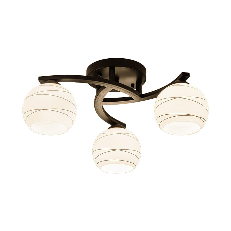 Traditional Ceiling Mount Light: Black Semi Flush with White Glass - Ideal for Corridor (3/5/8 Lights)