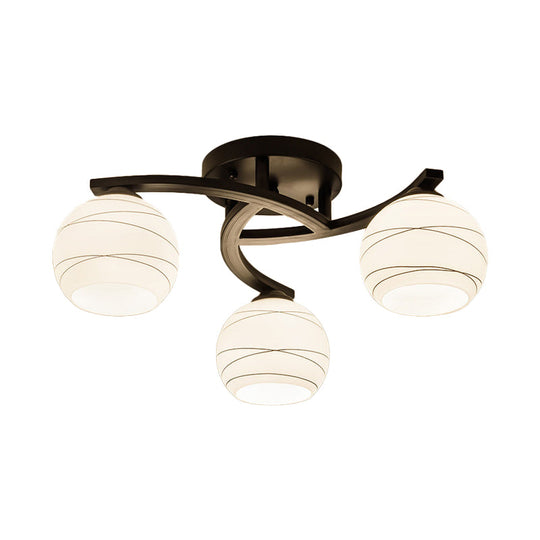 Sleek Black Semi Flush Ceiling Light With Spherical White Glass - Ideal For Corridors