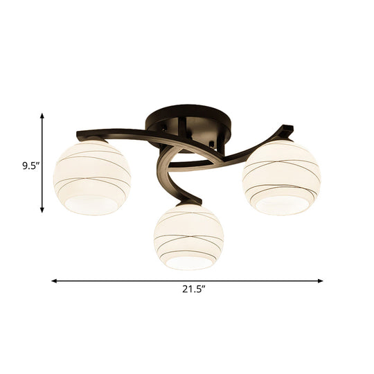 Traditional Ceiling Mount Light: Black Semi Flush with White Glass - Ideal for Corridor (3/5/8 Lights)