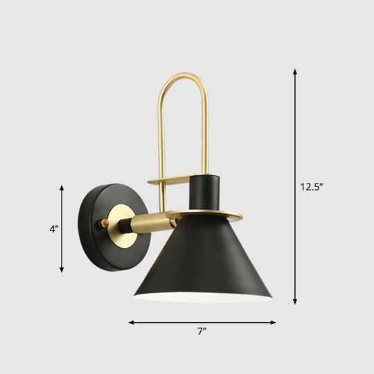 Modern Metal Conical Wall Mount Lamp With Arched Brass Arm - 1-Bulb Light Fixture Black