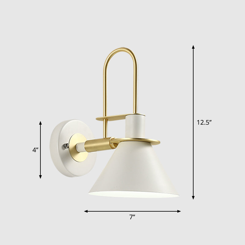 Modern Metal Conical Wall Mount Lamp With Arched Brass Arm - 1-Bulb Light Fixture White