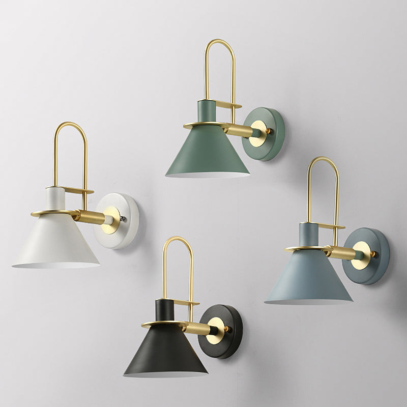 Modern Metal Conical Wall Mount Lamp With Arched Brass Arm - 1-Bulb Light Fixture