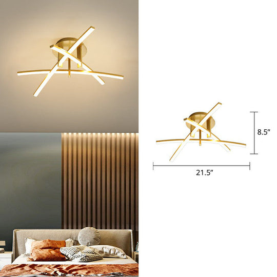 Simple Metal Crossed Rod Led Bedroom Flush Mount Ceiling Light Fixture 3 / Gold