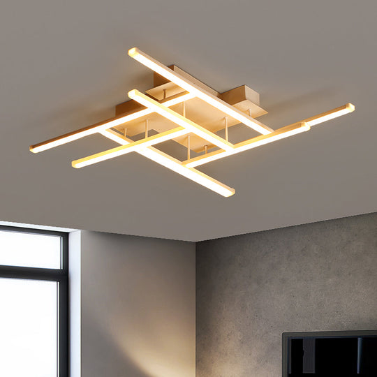 Sleek Gold Finish Led Semi Flush Mounted Ceiling Light With Criss-Cross Metal Detail