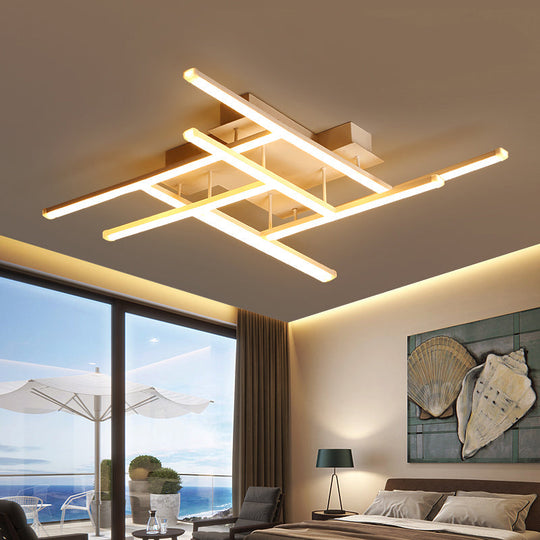 Sleek Gold Finish Led Semi Flush Mounted Ceiling Light With Criss-Cross Metal Detail