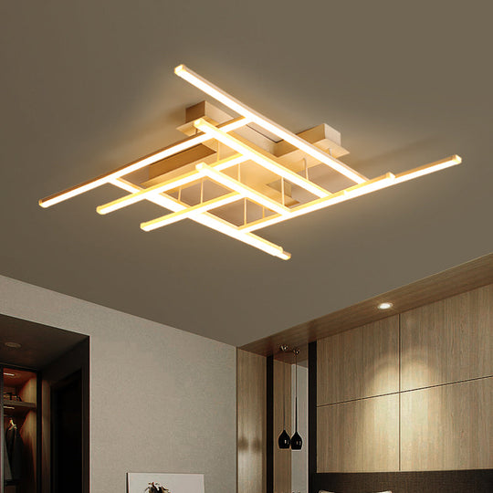 Sleek Gold Finish Led Semi Flush Mounted Ceiling Light With Criss-Cross Metal Detail