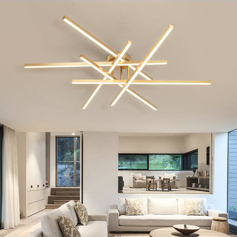 Sleek Aluminum Line Art Semi Mount Led Ceiling Light - Minimalist Metal Flush Fixture For Bedroom