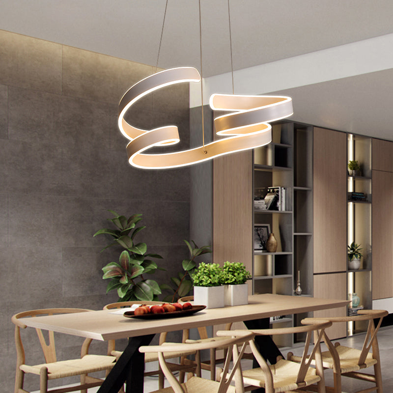 Modern Aluminum Led Ceiling Chandelier: White Twisted Hanging Light For Restaurants