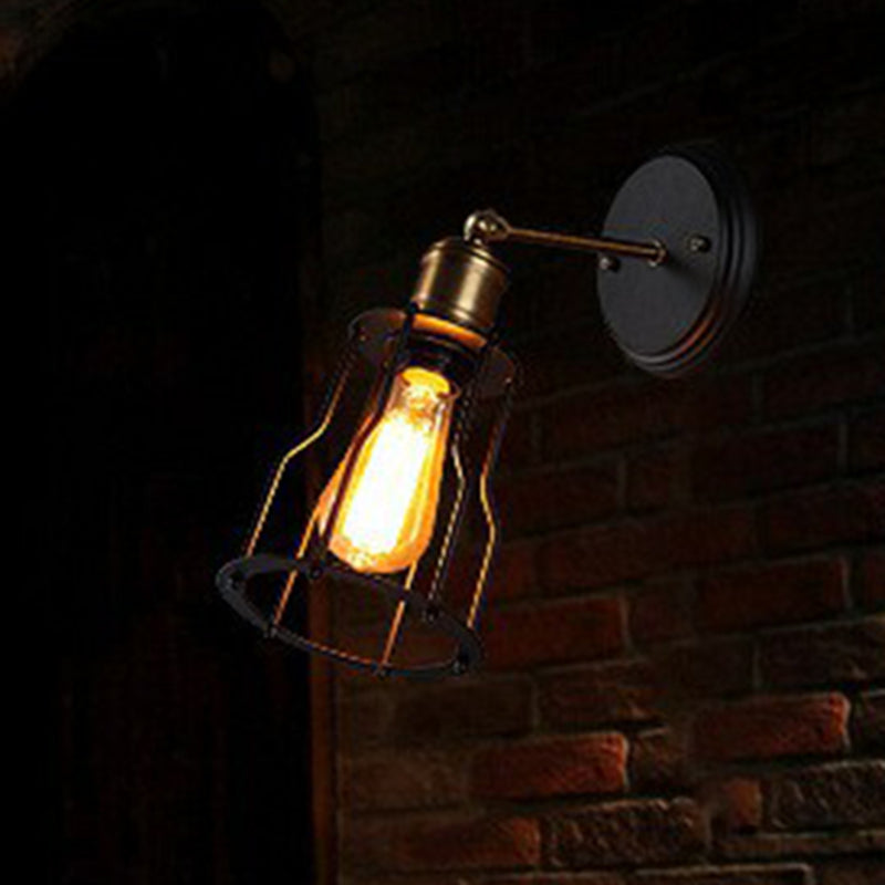 Industrial Black Metal Wall Lamp With Swivel Arm And Cage Shade