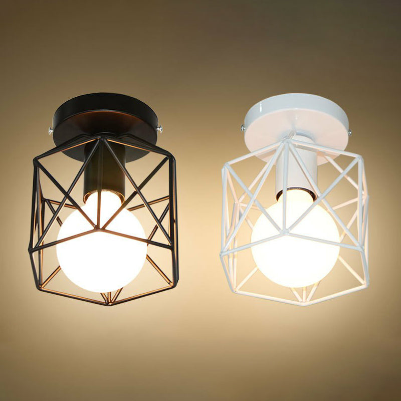 Industrial Flush Mount Ceiling Light With Black Hexagonal Iron Cage - Perfect For Living Room