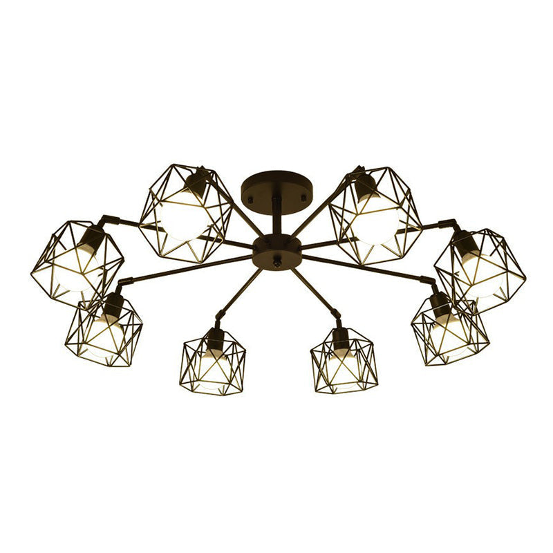 Industrial Flush Mount Ceiling Light With Black Hexagonal Iron Cage - Perfect For Living Room