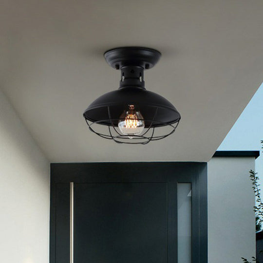 Farmhouse Metal Bowl Ceiling Lamp with Cage in Black - Semi Flush Mount