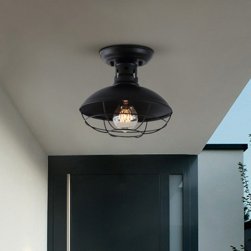 Farmhouse Metal Bowl Ceiling Lamp With Cage In Black - Semi Flush Mount