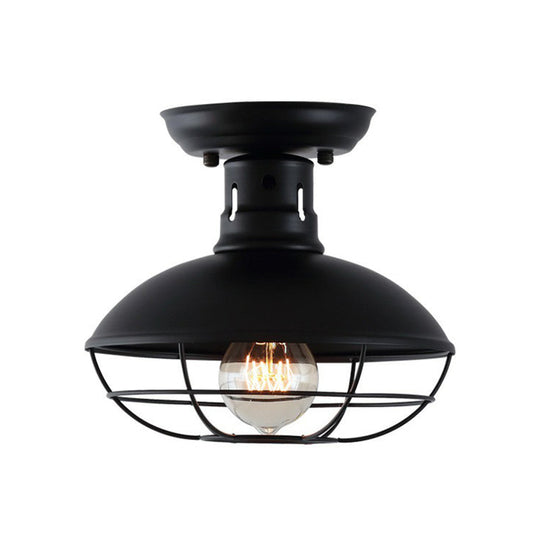 Farmhouse Metal Bowl Ceiling Lamp with Cage in Black - Semi Flush Mount