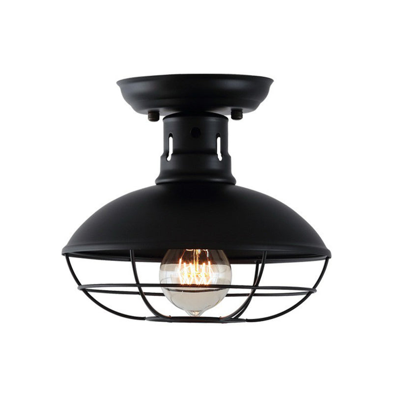 Farmhouse Metal Bowl Ceiling Lamp With Cage In Black - Semi Flush Mount