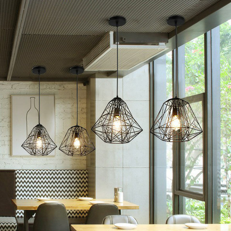 Iron Wire Diamond Pendant Lamp - Loft Style Ceiling Hang Light In Black With 1 Bulb For Restaurants