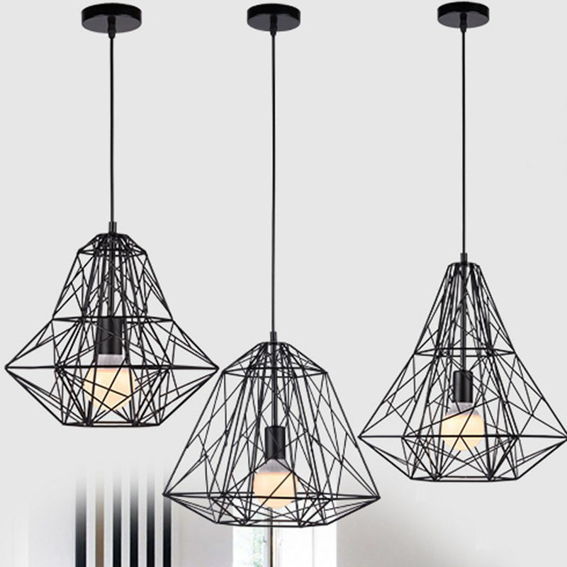 Loft Style Black Iron Wire Diamond Pendant Lamp with 1 Bulb - Restaurant Ceiling Hang Light