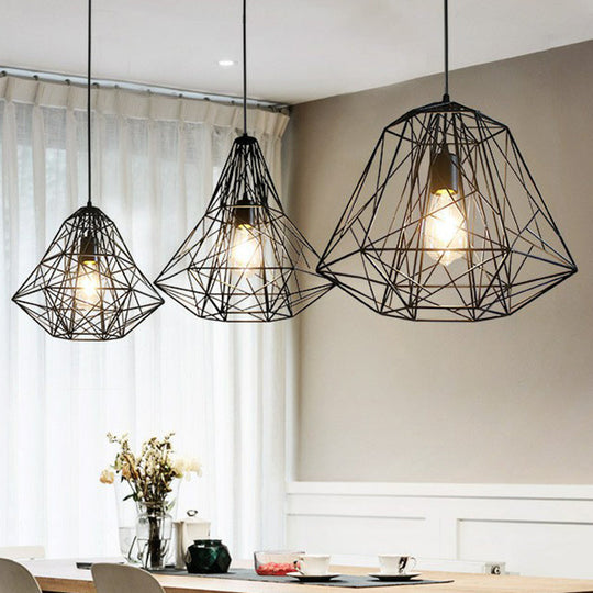 Iron Wire Diamond Pendant Lamp - Loft Style Ceiling Hang Light In Black With 1 Bulb For Restaurants