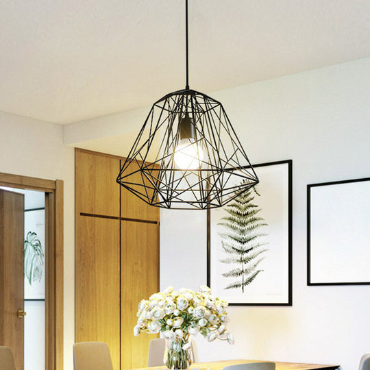 Iron Wire Diamond Pendant Lamp - Loft Style Ceiling Hang Light In Black With 1 Bulb For Restaurants