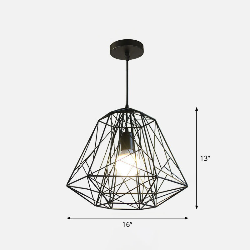 Iron Wire Diamond Pendant Lamp - Loft Style Ceiling Hang Light In Black With 1 Bulb For Restaurants