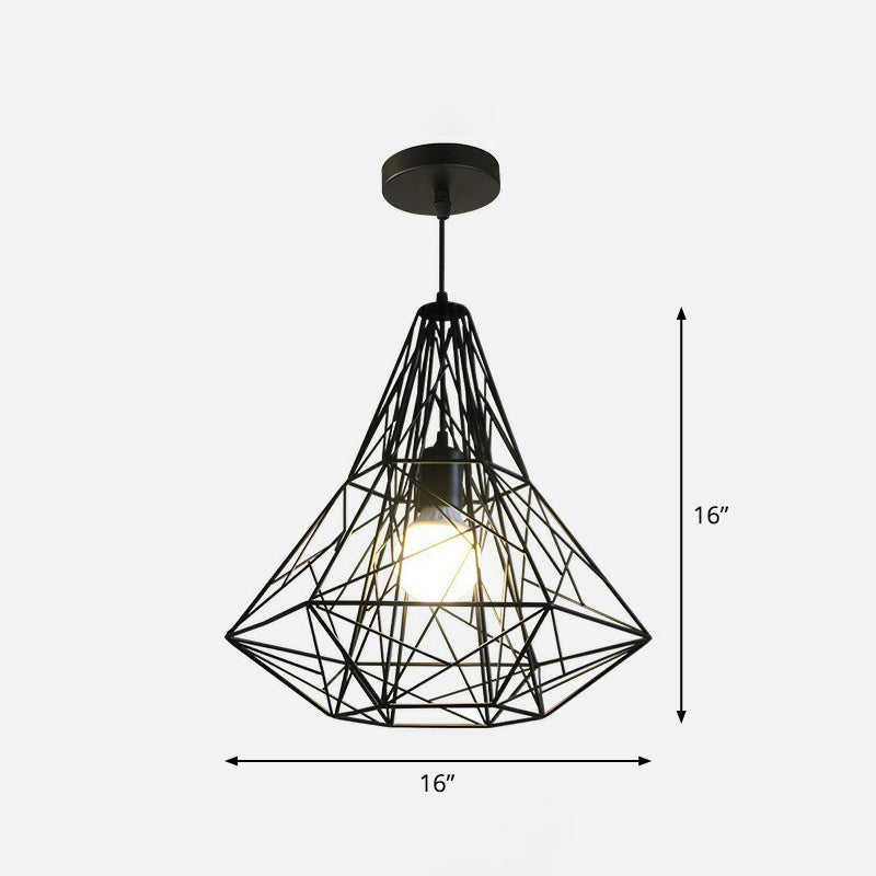 Iron Wire Diamond Pendant Lamp - Loft Style Ceiling Hang Light In Black With 1 Bulb For Restaurants