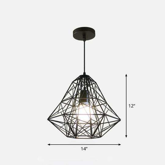 Iron Wire Diamond Pendant Lamp - Loft Style Ceiling Hang Light In Black With 1 Bulb For Restaurants