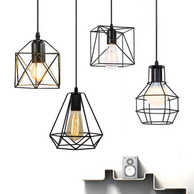 Industrial Metal 1-Light Black Cage Pendant Light - Stylish Bedside Fixture