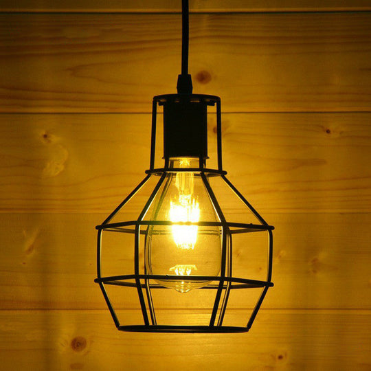 Industrial Metal Wire Cage Bedside Pendant Light - Black Hanging Lamp Kit / A