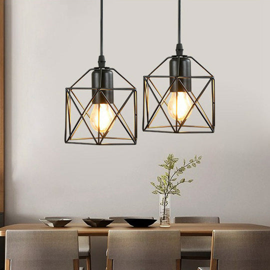 Industrial Metal Wire Cage Bedside Pendant Light - Black Hanging Lamp Kit / C