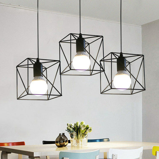 Industrial Metal Wire Cage Bedside Pendant Light - Black Hanging Lamp Kit / D