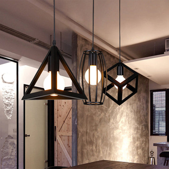 Black Vintage Geometric Pendant Ceiling Light - Single Bulb Metal Lamp