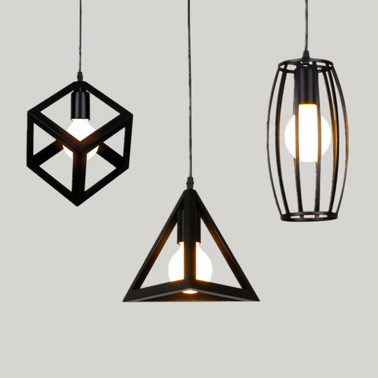 Black Vintage Geometric Pendant Ceiling Light - Single Bulb Metal Lamp