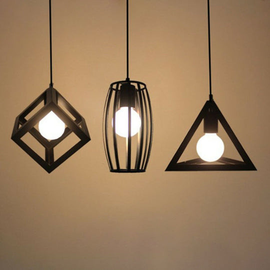 Black Vintage Geometric Pendant Ceiling Light - Single Bulb Metal Lamp