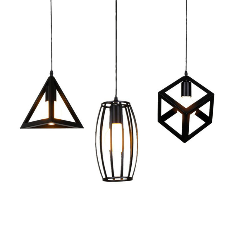 Black Vintage Geometric Pendant Ceiling Light - Single Bulb Metal Lamp