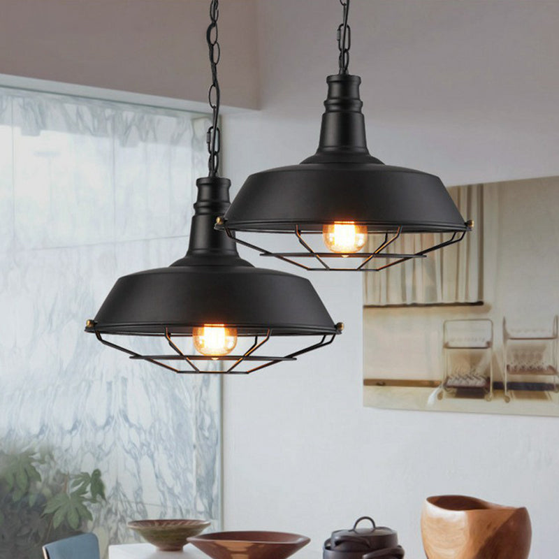 Barn Metal Suspension Dining Room Hanging Lamp - Industrial 1 Head Light With Tapered Cage Guard