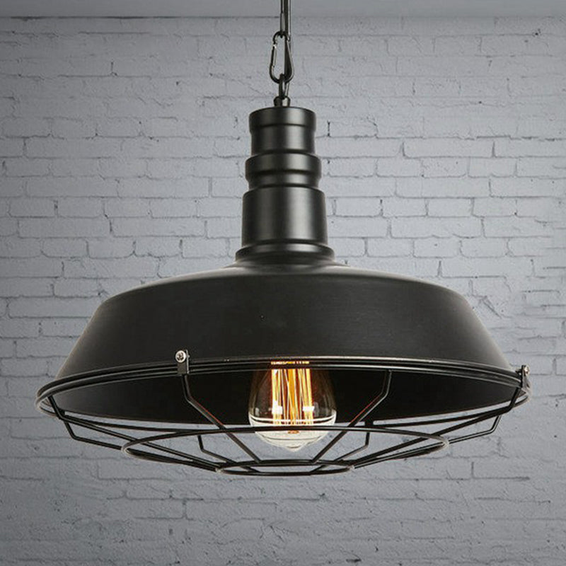 Barn Metal Suspension Dining Room Hanging Lamp - Industrial 1 Head Light With Tapered Cage Guard