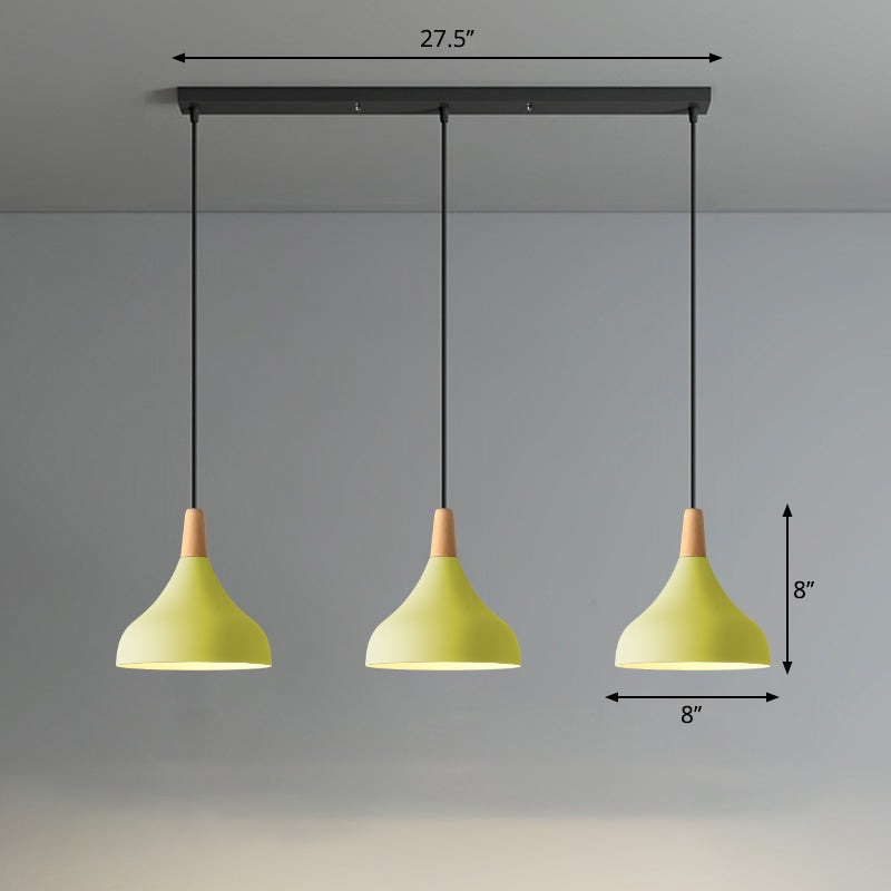 Sleek And Stylish Macaron Metal Pendant Light With 3-Head Multi Hanging Design Wood Tip Yellow /