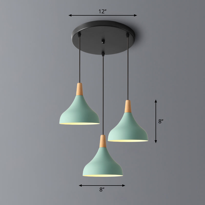 Sleek And Stylish Macaron Metal Pendant Light With 3-Head Multi Hanging Design Wood Tip Green /