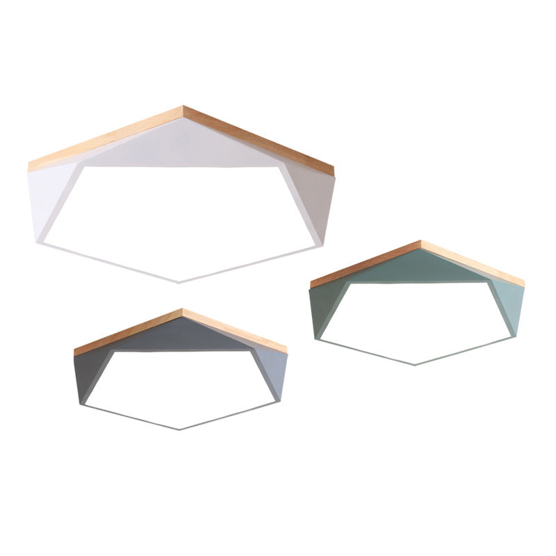 Geometric LED Ceiling Light with Wood Accent - Modern Acrylic Flush Mount for Bedroom